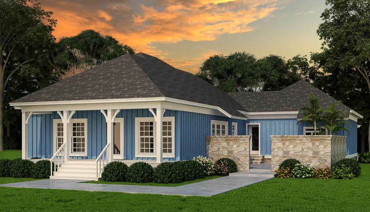 House plan exterior. Ranch style, single-story home with a covered front porch, stone accents, and board-and-batten siding.