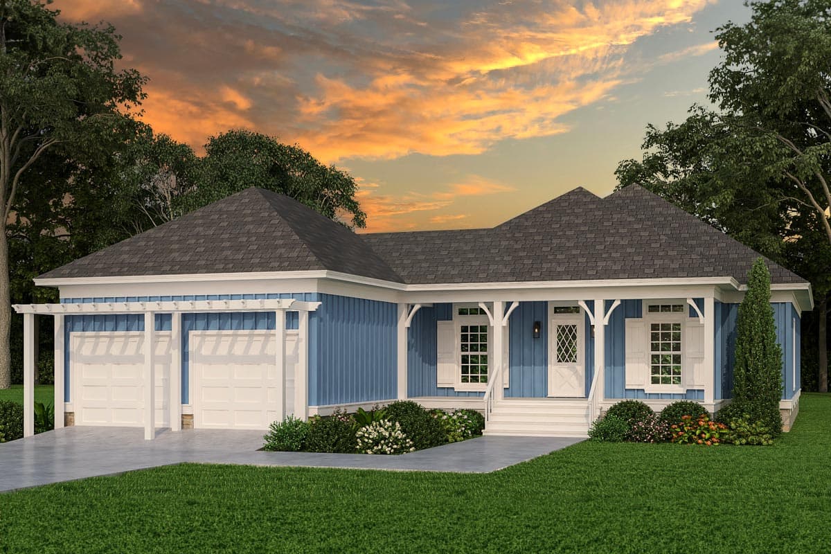 House plan exterior with Craftsman style, one story, front porch, attached garage with pergola, and gabled roof.