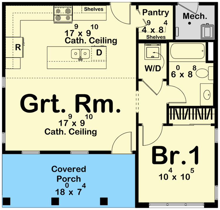 Plan 623320DJ: Modern Cottage ADU with Front Porch - Floor Plan - Main Level - Cabin, Cottage, Country