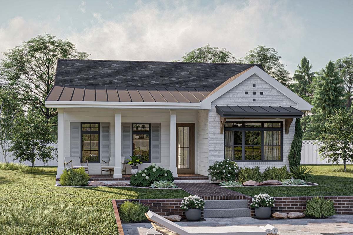 House plan exterior of a one-story Modern Farmhouse with a covered front porch, gable accents, and brick and siding.