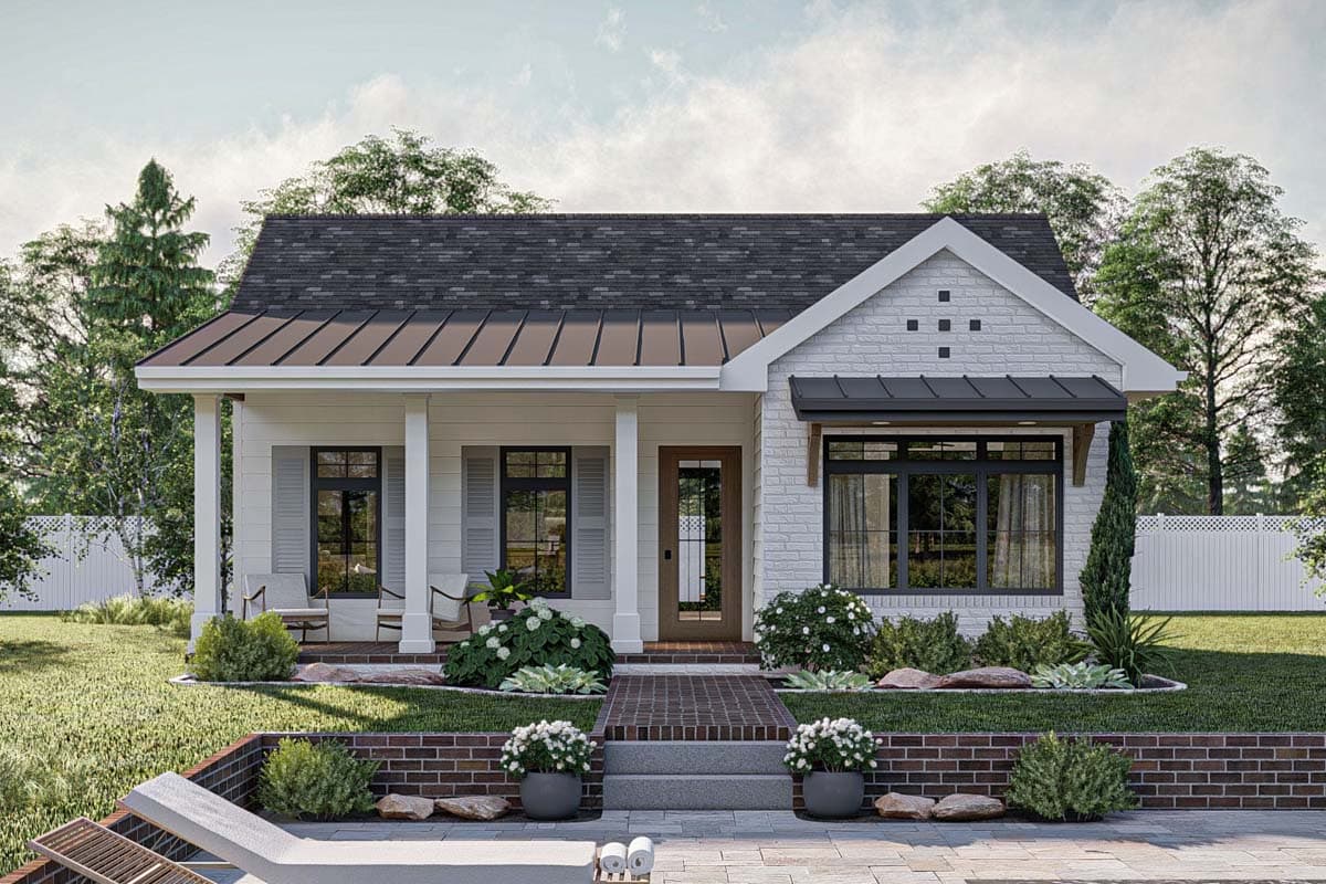 House plan exterior featuring a one-story, cottage-style home. Notable features include a front porch, gabled roof, and brick veneer accents.