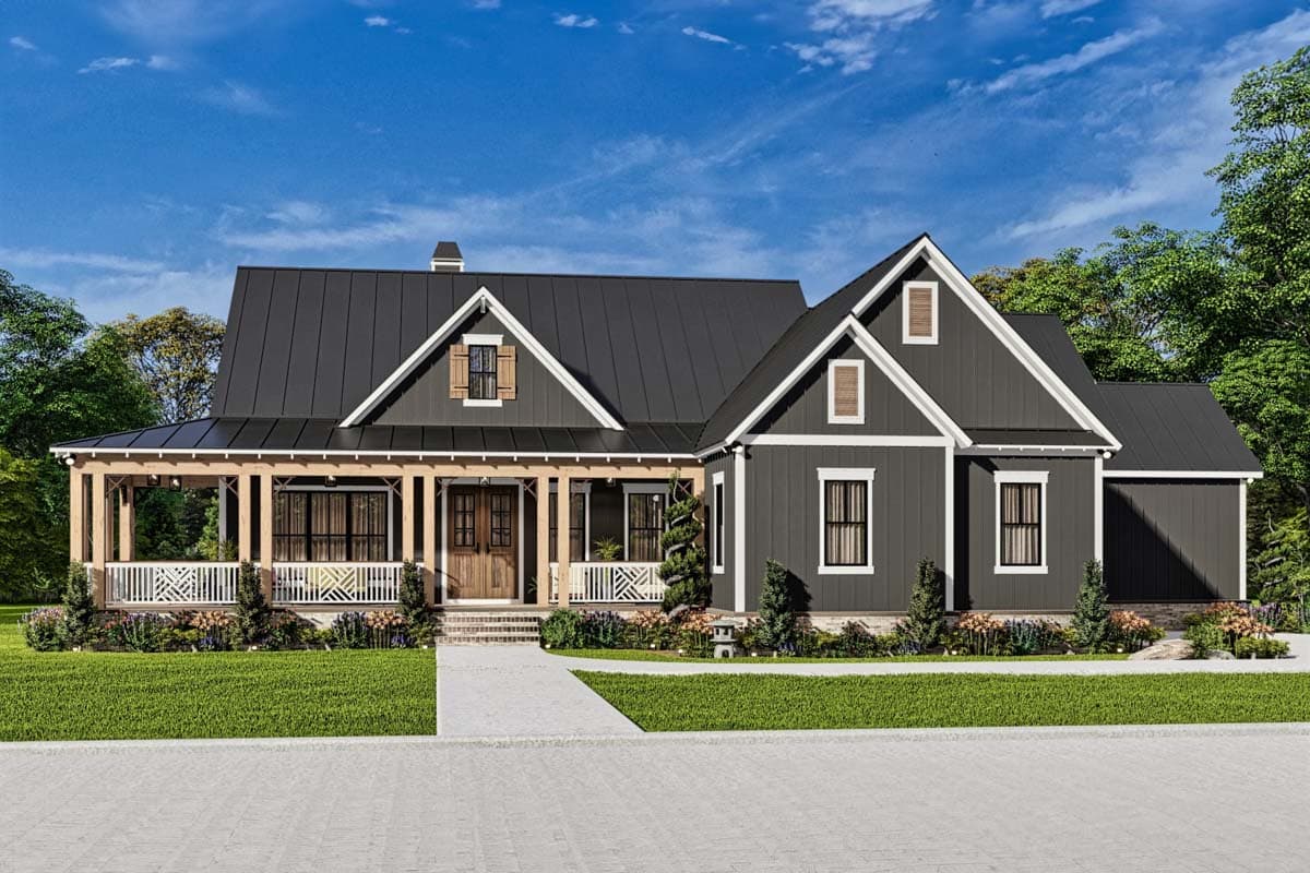 House plan exterior. Modern Farmhouse style, single story, with a covered porch, gabled rooflines, and dormers.