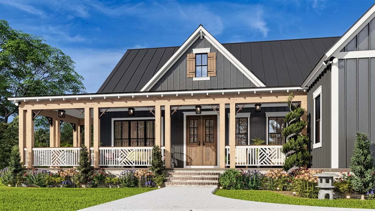 Modern Farmhouse house plan exterior with a large wraparound porch, metal roof, and gabled dormer.