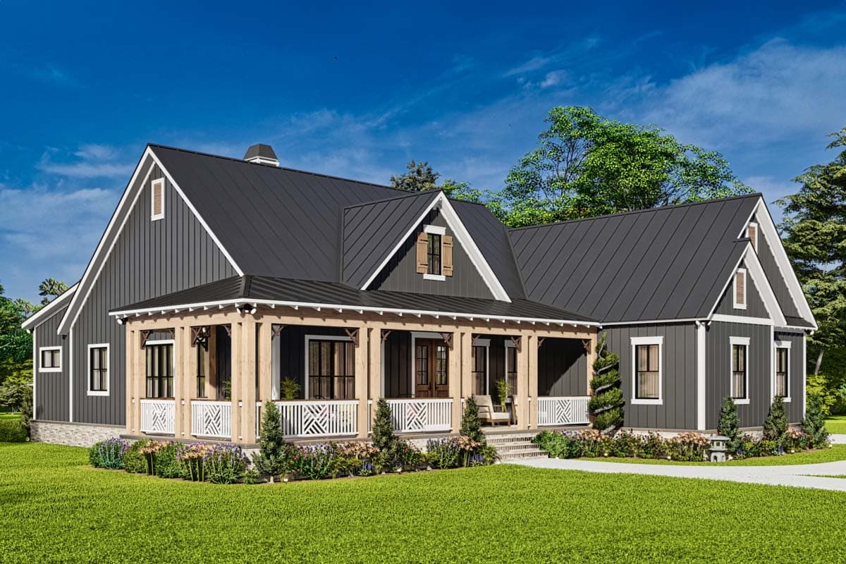Modern Farmhouse style house plan exterior. One-story with a wrap-around porch, metal roof, gables, and board and batten siding.