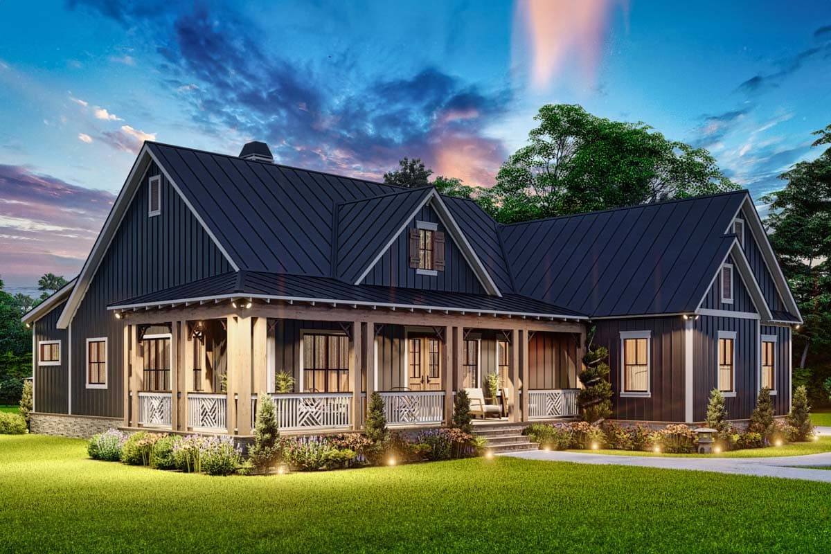 Modern Farmhouse house plan exterior with wraparound porch, gables, and dark metal roof.