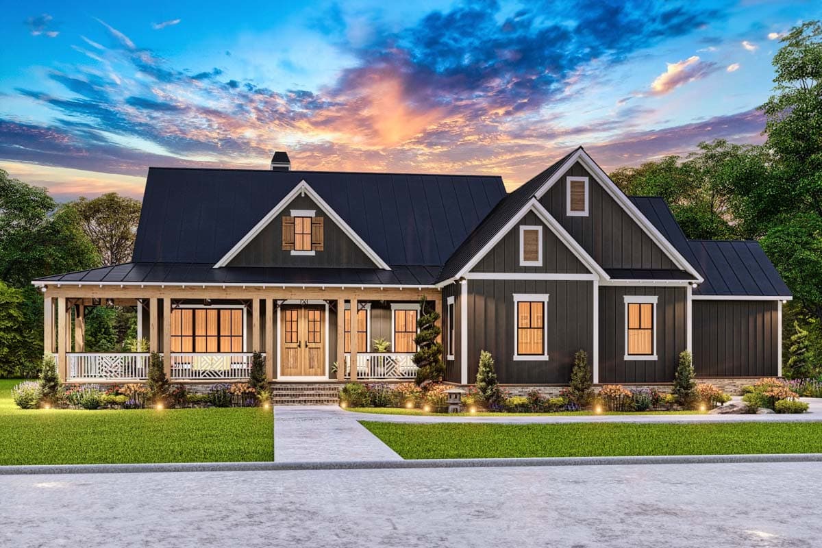 Modern Farmhouse house plan exterior with wide covered porch, gables with decorative shutters, and metal roof.