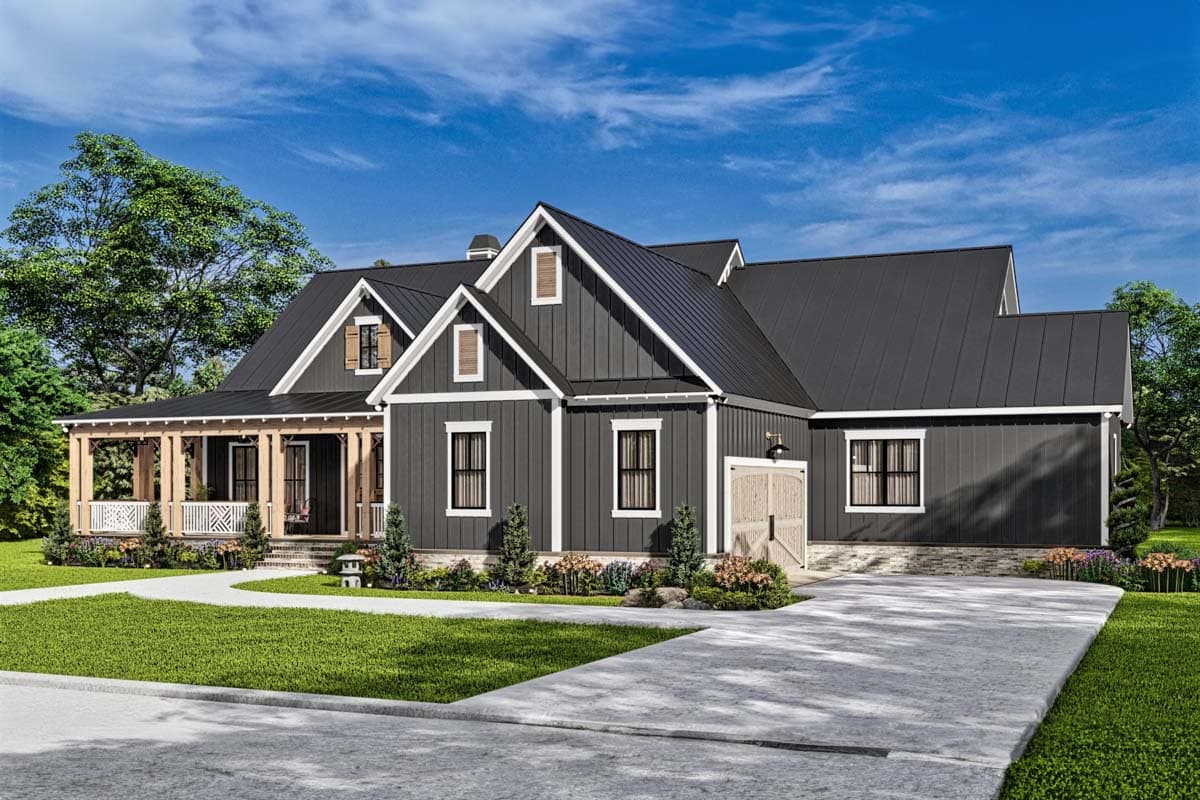 Modern Farmhouse house plan exterior with a covered porch, board and batten siding, and multiple gables.