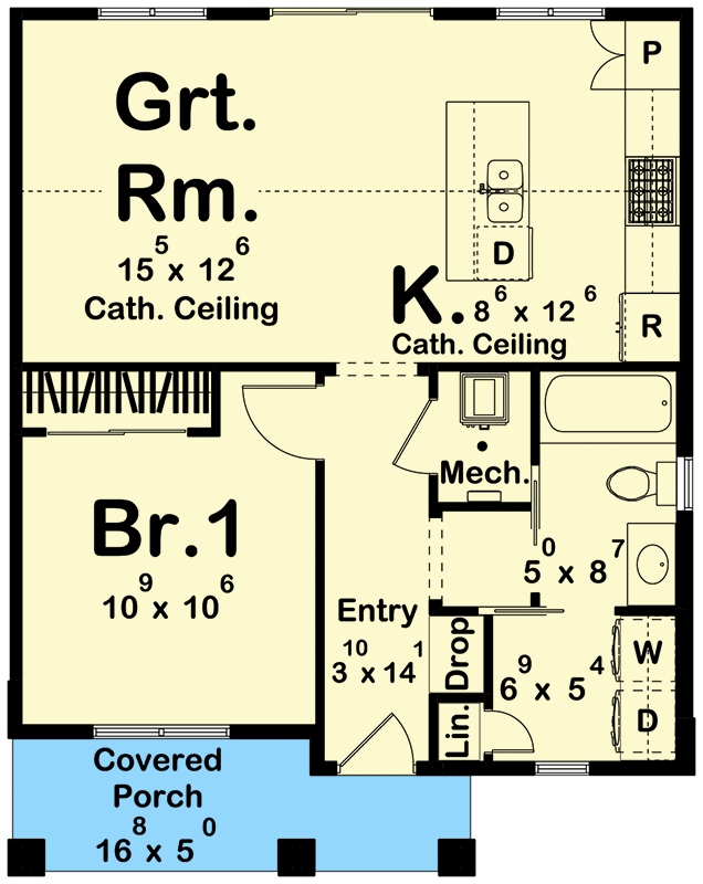 Plan 623321DJ: New American Style ADU with Tidy Front Porch - 651 Sq Ft - Floor Plan - Main Level - Cabin, Cottage, Country, Traditional