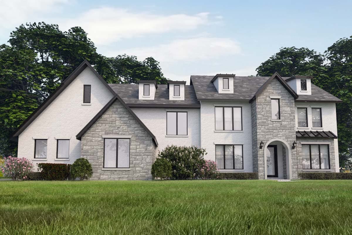 House plan exterior. Two-story home with stone accents, multiple dormers, and a prominent arched entryway. Features include gabled roof.