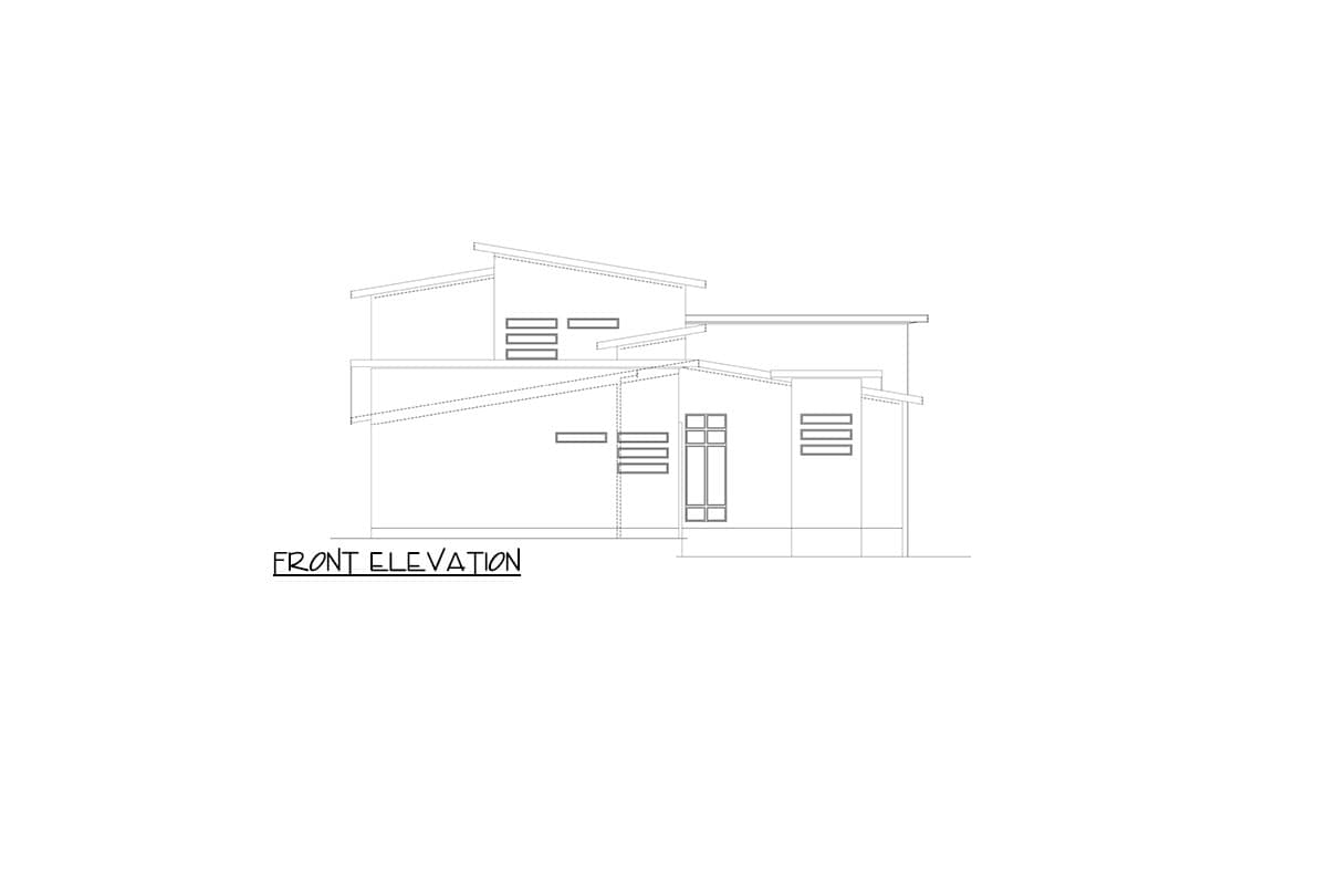 Front elevation drawing showing a multi-story house plan with asymmetrical rooflines and horizontal windows.