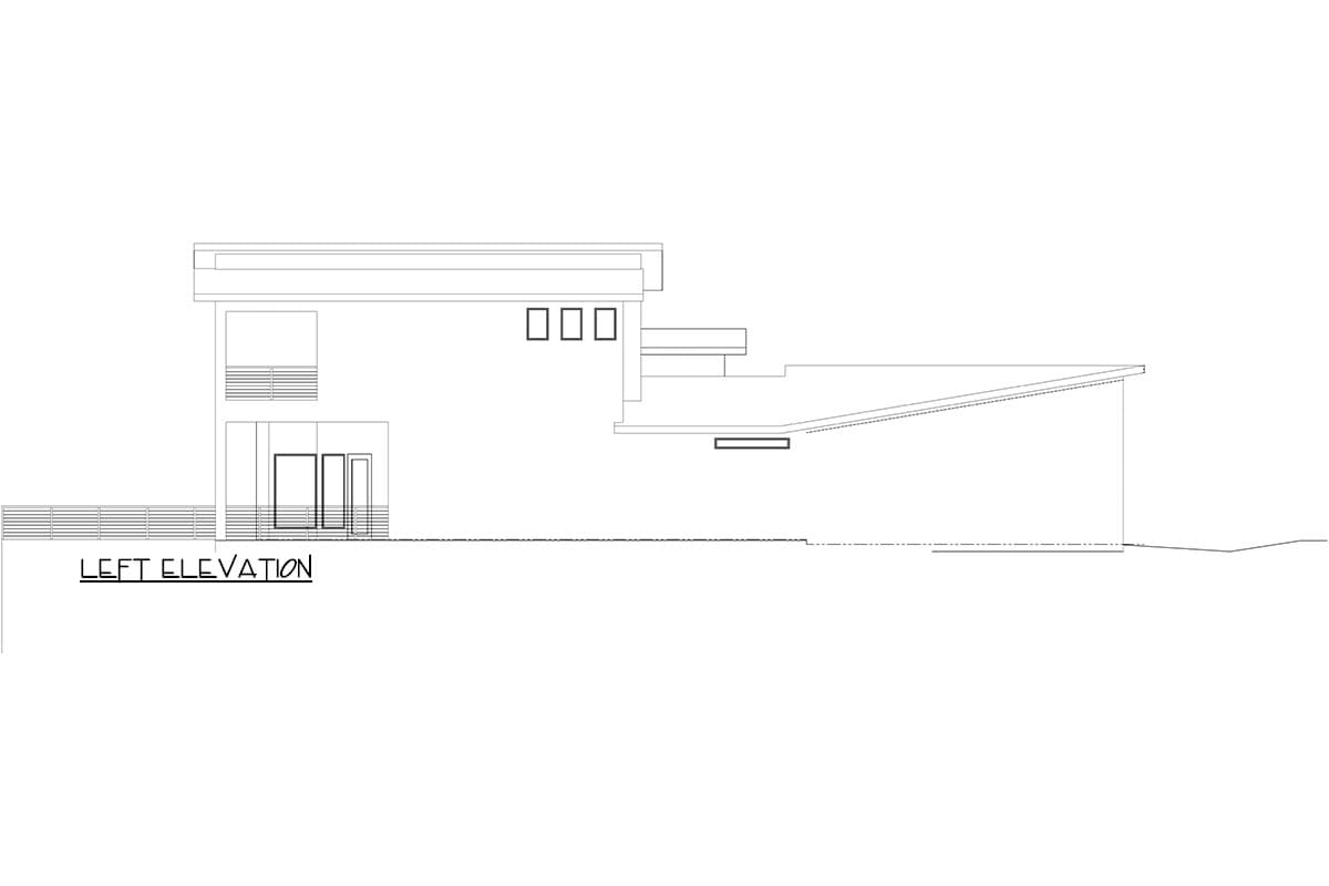 Left elevation drawing of a modern house plan showing a sloped roof, horizontal siding, multiple windows, and a covered patio area.