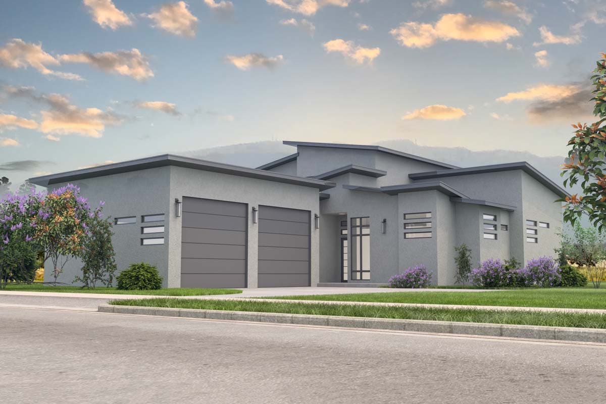 House plan exterior. Modern style, single story. Features include a flat roof, horizontal windows, and attached two-car garage.
