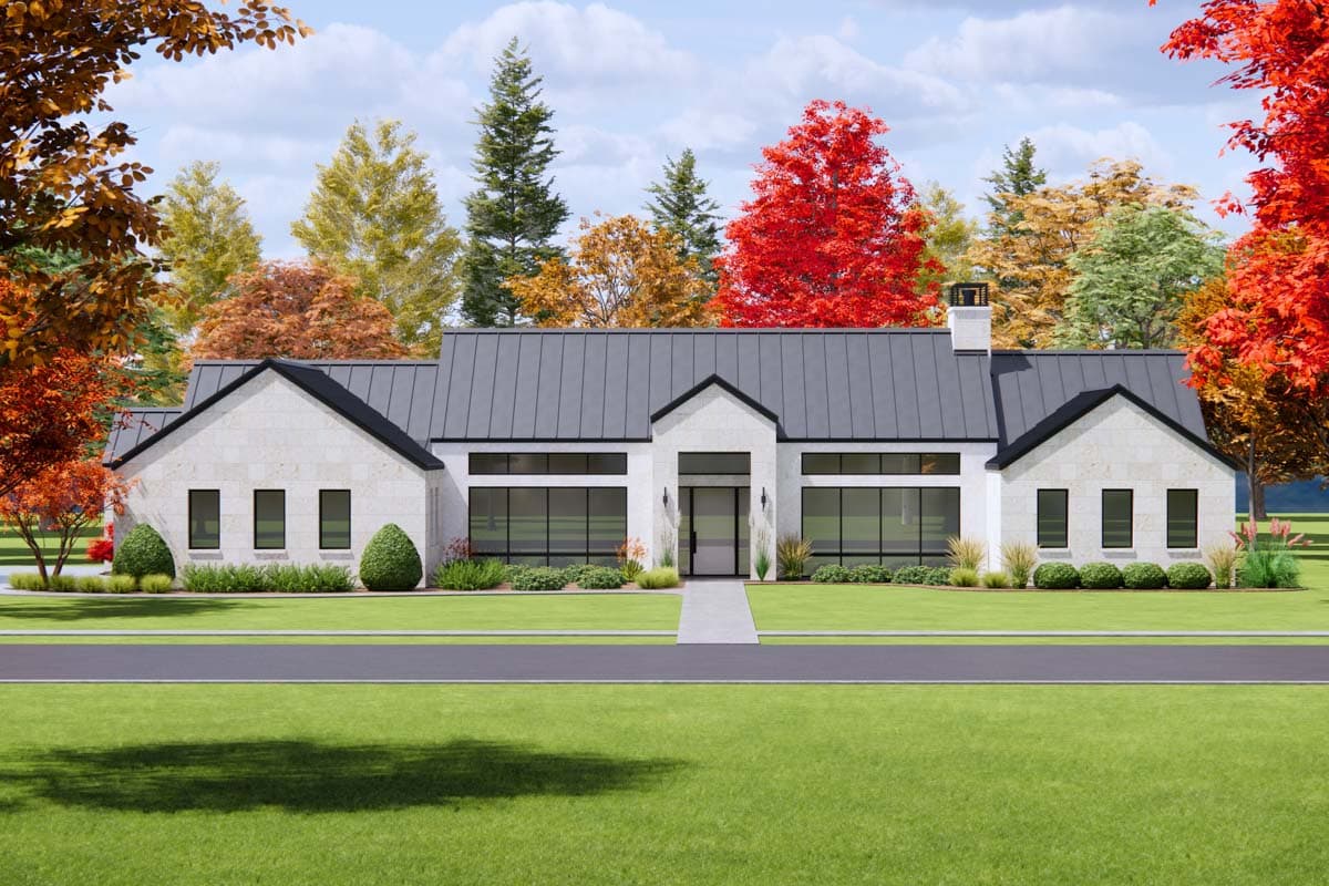 House plan exterior. Modern Farmhouse style with a single story, flat roof, gables, and large windows.
