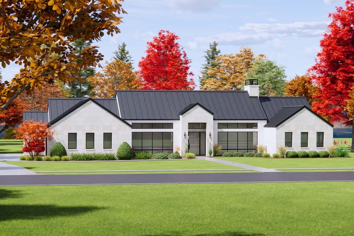 Modern house plan exterior with stone facade, metal roof, large windows, and central entry.