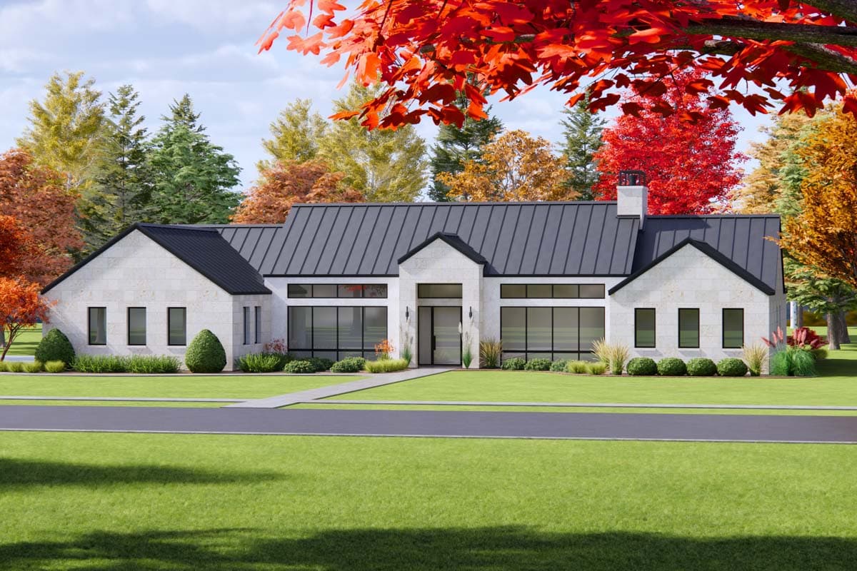 Modern house plan exterior with stone facade, metal gable roof, and large windows.
