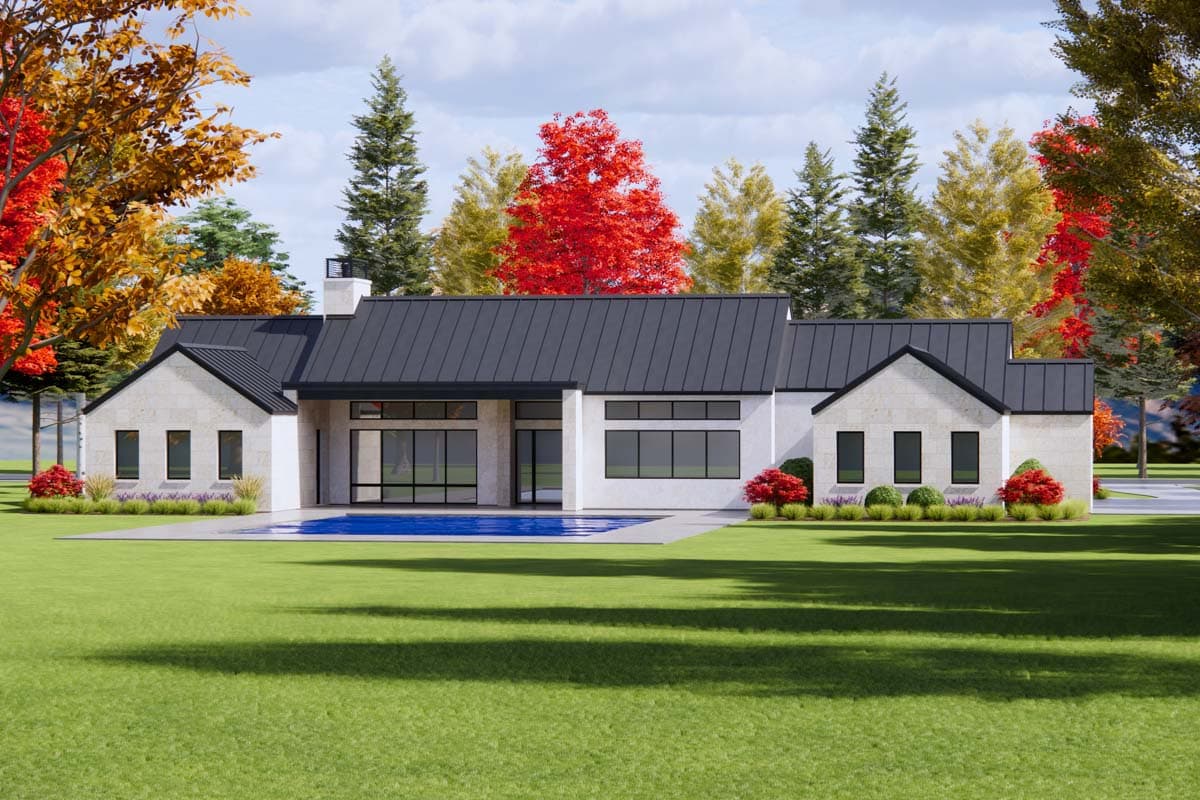 House plan exterior: Modern ranch style, one story, with gables, metal roof, large windows, and a pool.