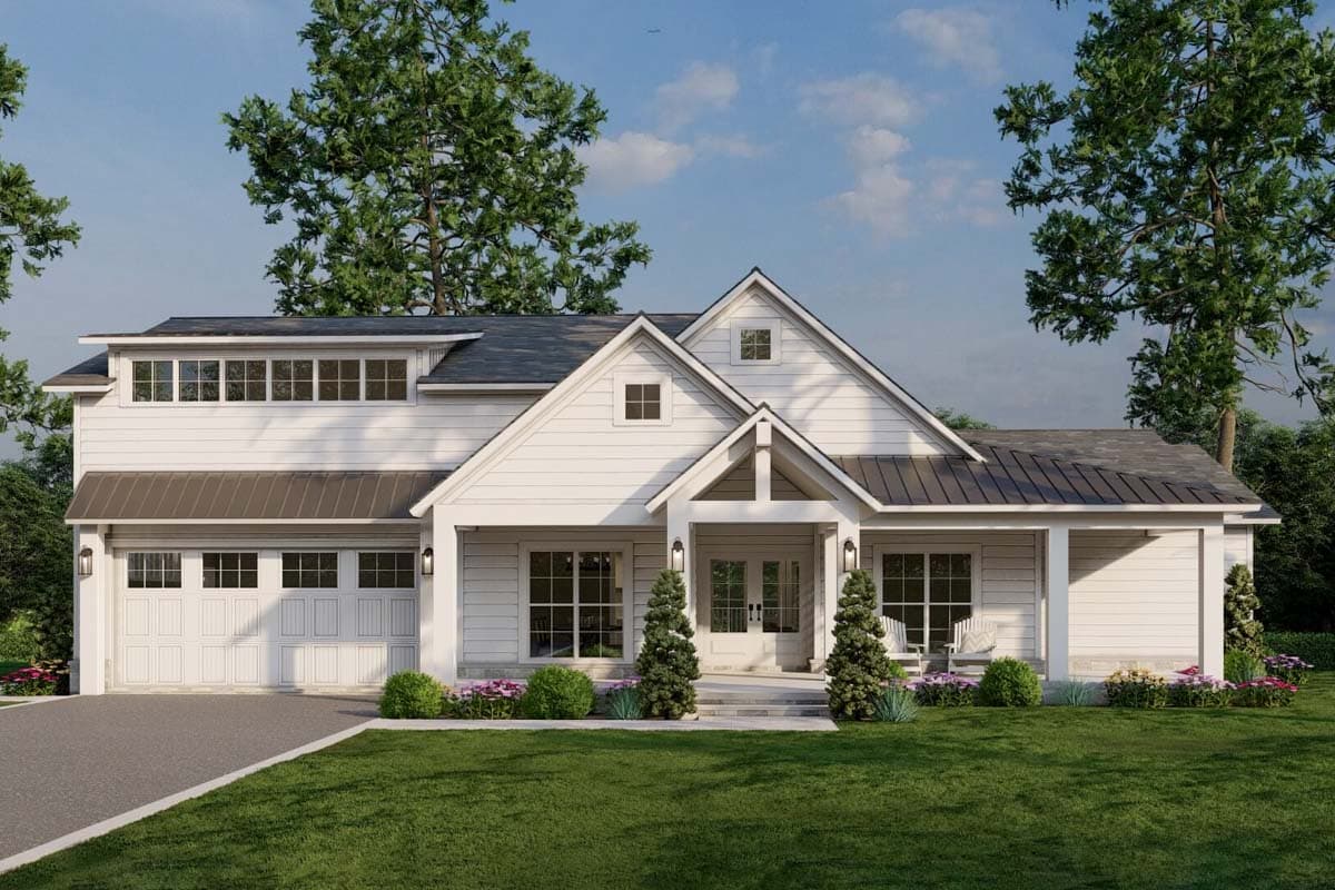 House plan exterior with Craftsman style. Features include a front porch, gables, and a two-car garage with a metal roof. Two stories.