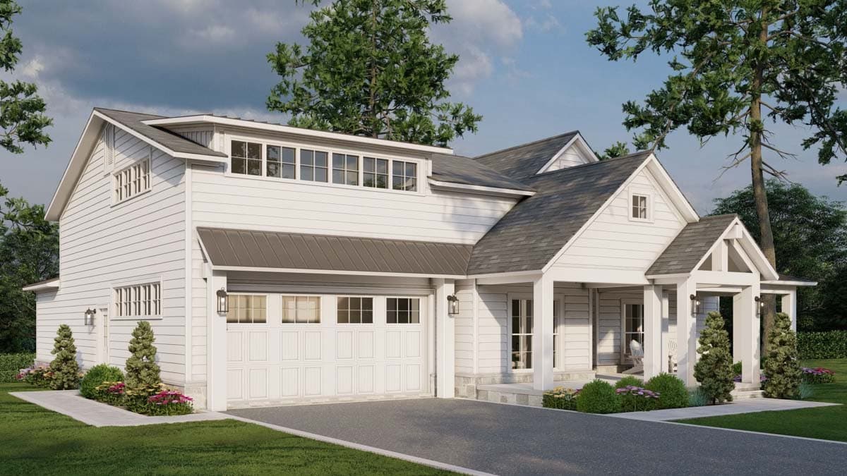 Modern Farmhouse house plan exterior, two stories, white siding, metal roof over garage, front porch with columns.