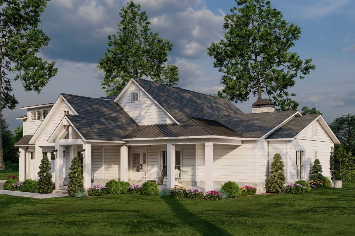 Modern farmhouse house plan exterior with a covered porch, gables, and a prominent chimney.
