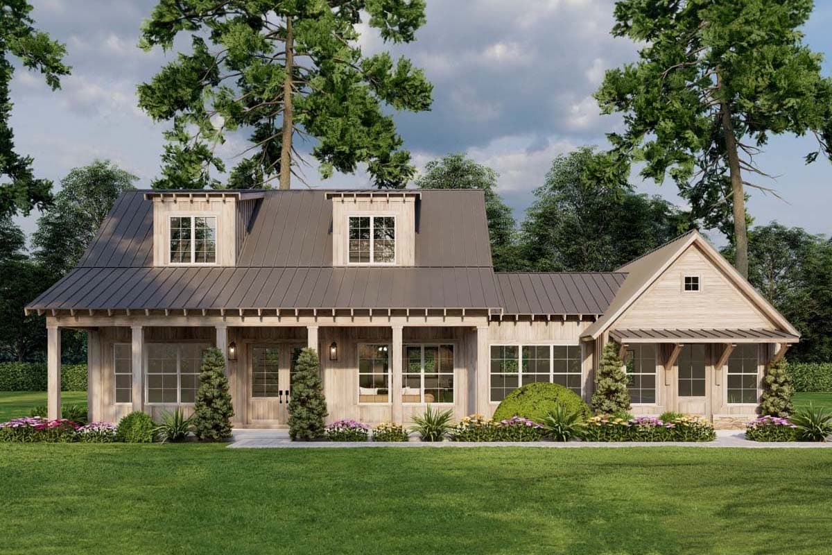 House plan exterior featuring a farmhouse style with a covered porch, dormers, and a gabled roofline. The house is two stories.
