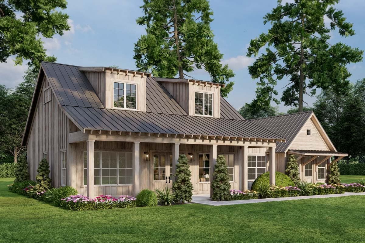 Modern Farmhouse house plan exterior with gabled dormers, a metal roof, and a covered front porch with wood columns.