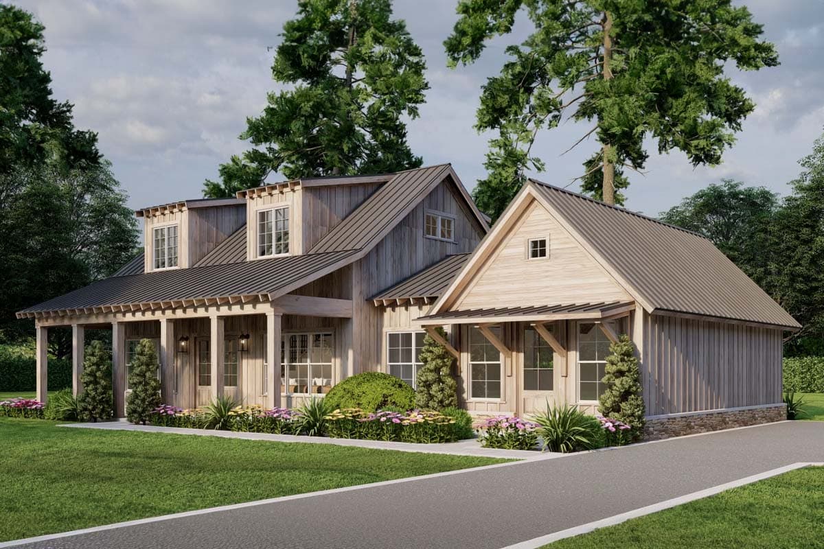 House plan exterior: Modern Farmhouse style, two stories, metal roof, front-facing gables, and a covered porch with columns.