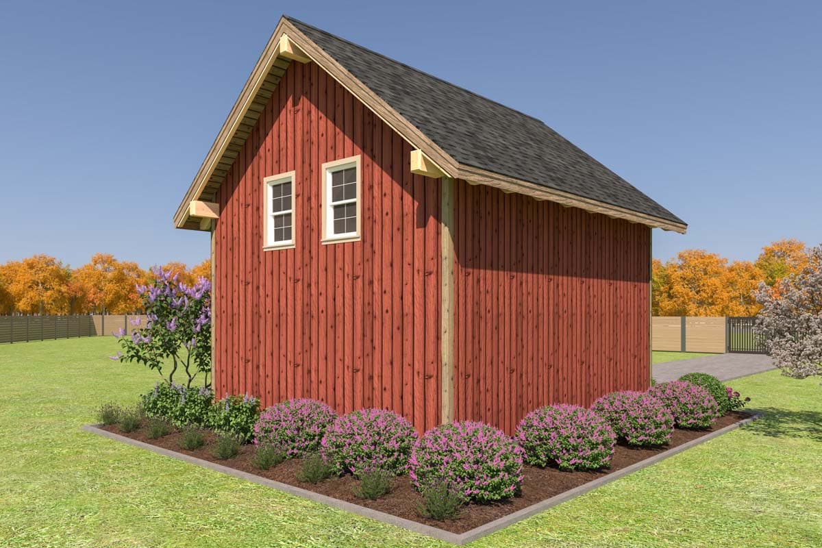 House plan exterior: one-story red wood siding building with gable roof, two double-hung windows, and exposed rafter tails.