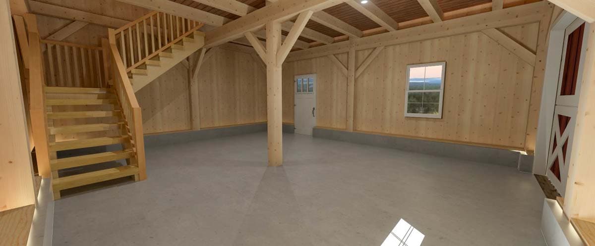 Interior view of a timber frame structure showing a wooden staircase, open floor, and exposed beams.