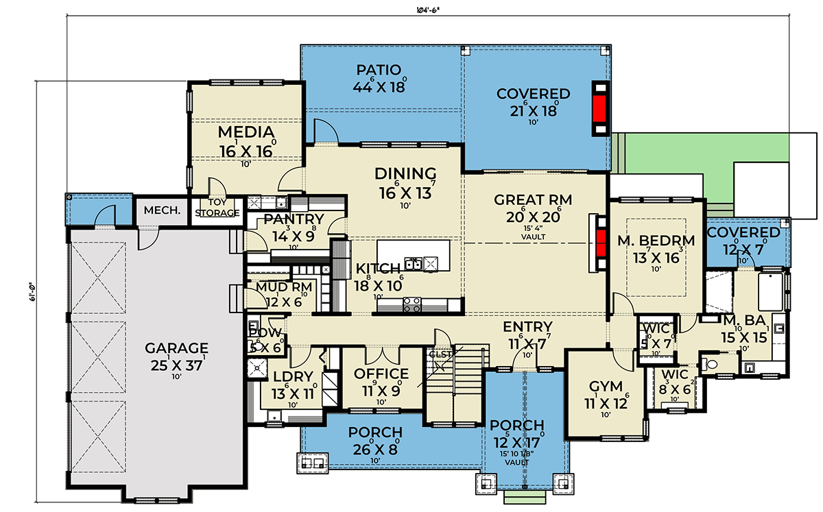 Plan 280198JWD: Modern Farmhouse with Gym, Office, Media Room and Finished Bonus Room - 4704 Sq Ft - Floor Plan - Main Level - Farmhouse, Modern Farmhouse, New American