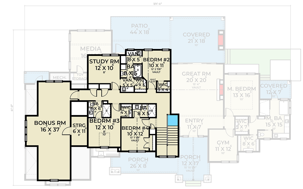 Plan 280198JWD: Modern Farmhouse with Gym, Office, Media Room and Finished Bonus Room - 4704 Sq Ft - Floor Plan - 2nd Floor - Farmhouse, Modern Farmhouse, New American