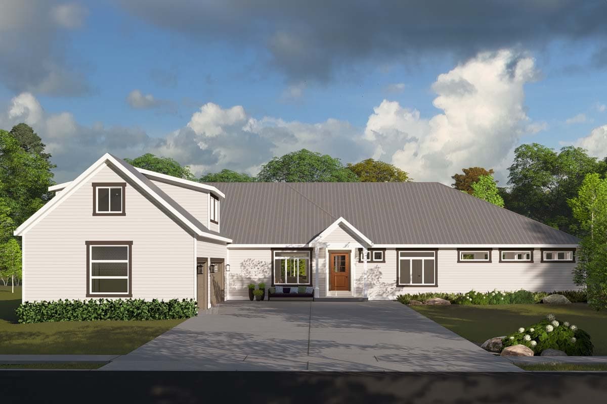 House plan exterior: Modern Farmhouse style, 1.5 stories, with a metal gable roof, side-entry garage, and dormer.