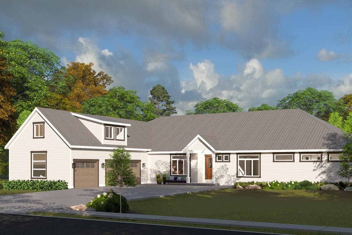 House plan exterior. Ranch style with a low-slope metal roof, multiple gables, and a two-car garage. Features include dormers and a covered entry.
