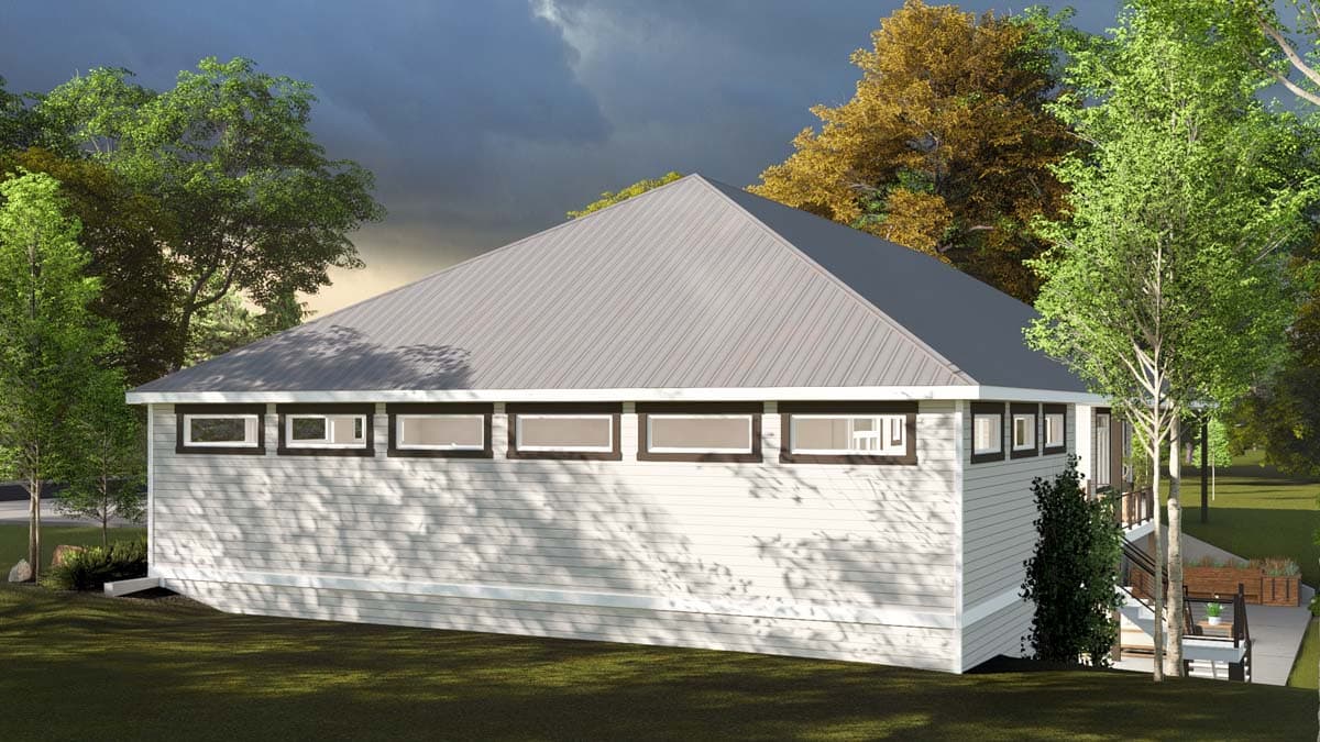 House plan exterior rendering of a single-story home with a hip roof, horizontal siding, and a band of horizontal windows.