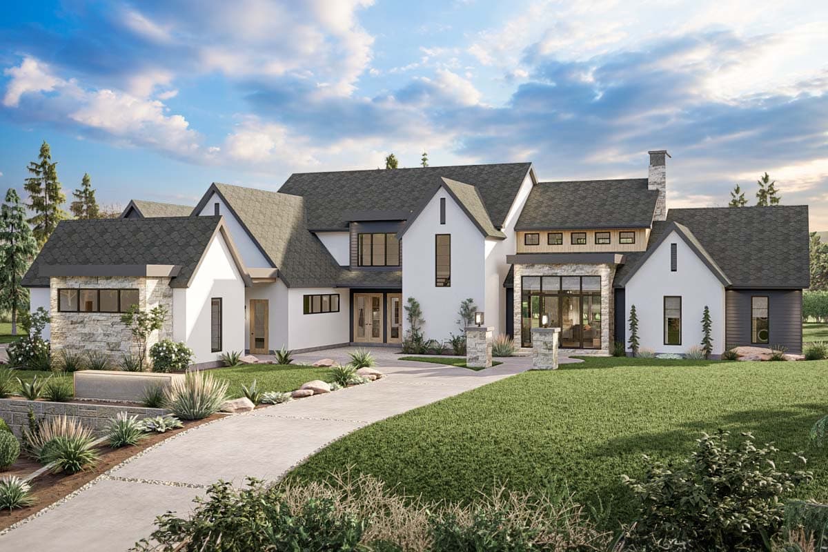 House plan exterior. Modern farmhouse style with gabled roof, stone accents, and large windows. Two-story structure with a long driveway.