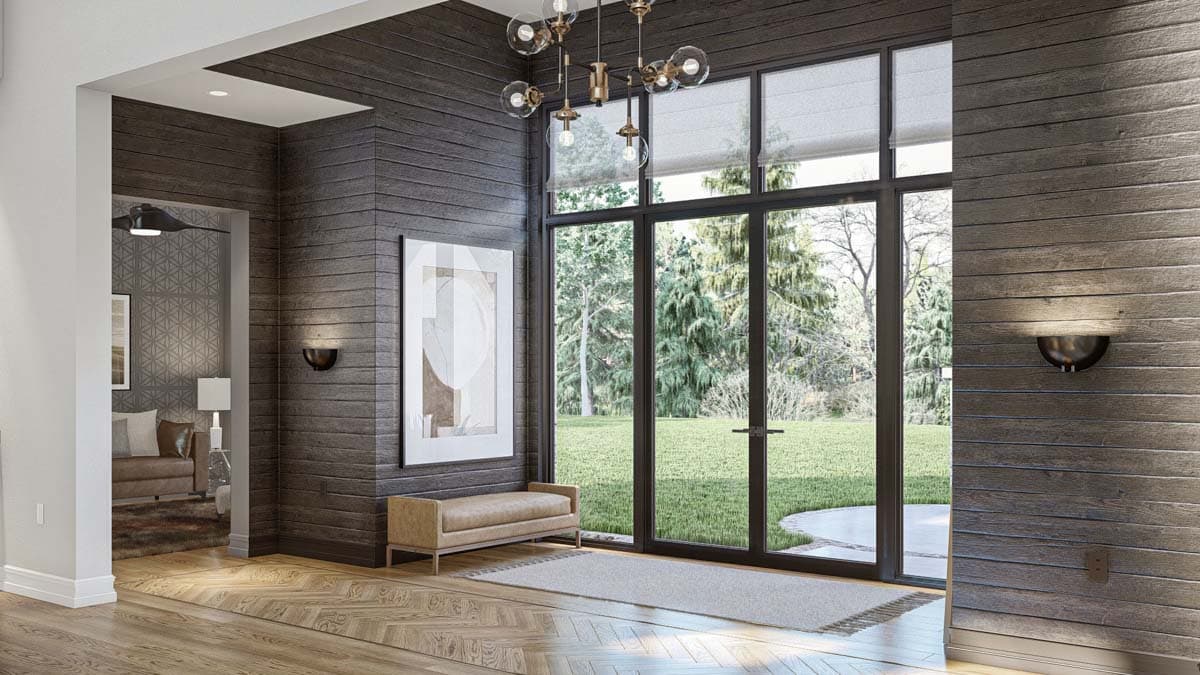 Interior rendering of a room with wood-paneled walls, large windows, and a modern chandelier.