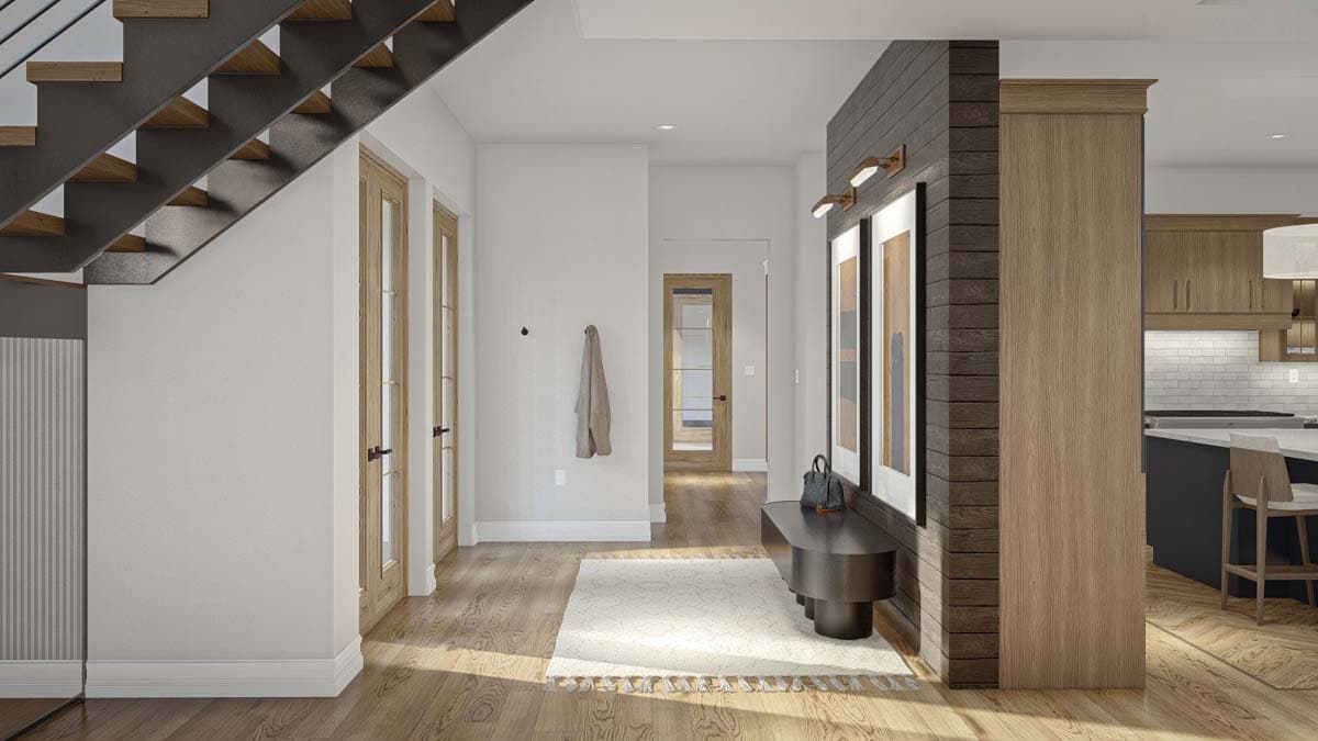 Interior rendering of a modern entryway with open-riser staircase, natural wood doors, and adjacent kitchen with island.