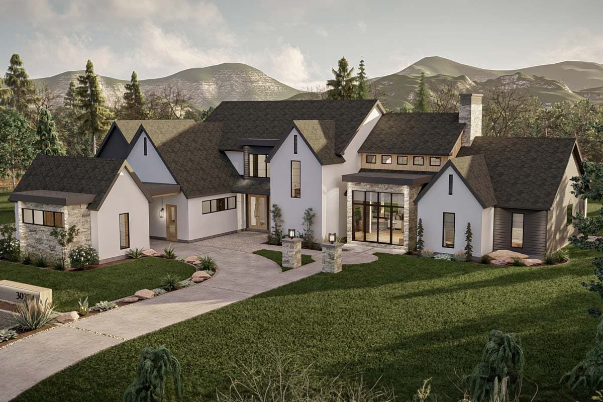 Modern house plan exterior with multiple gables, stone accents, large windows, and a covered entry.