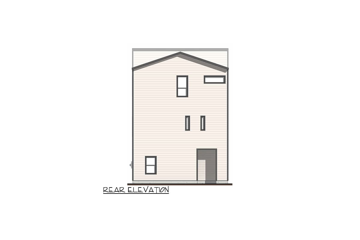 Rear elevation drawing of a three-story house plan with horizontal siding, a gable roof, and various window sizes.