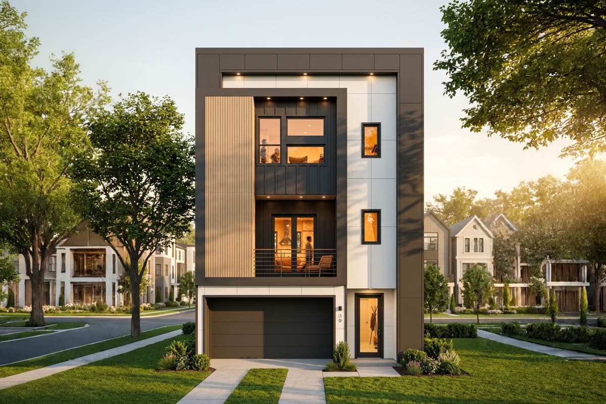 House plan exterior. Two-story modern house with a vertical wood slat screen, balcony, and integrated garage. Flat roofline.