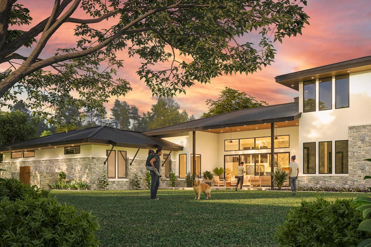 Modern house plan exterior with stone accents, flat rooflines, and extensive glazing.