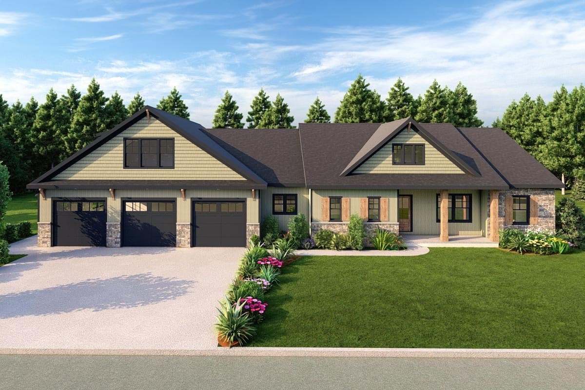 House plan exterior. Ranch style with three-car garage. Features include gabled rooflines, dormers, and stone accents on the facade.