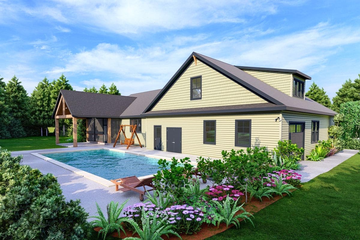 House plan exterior with a covered screened porch, gable roof, dormer window, and attached garage.