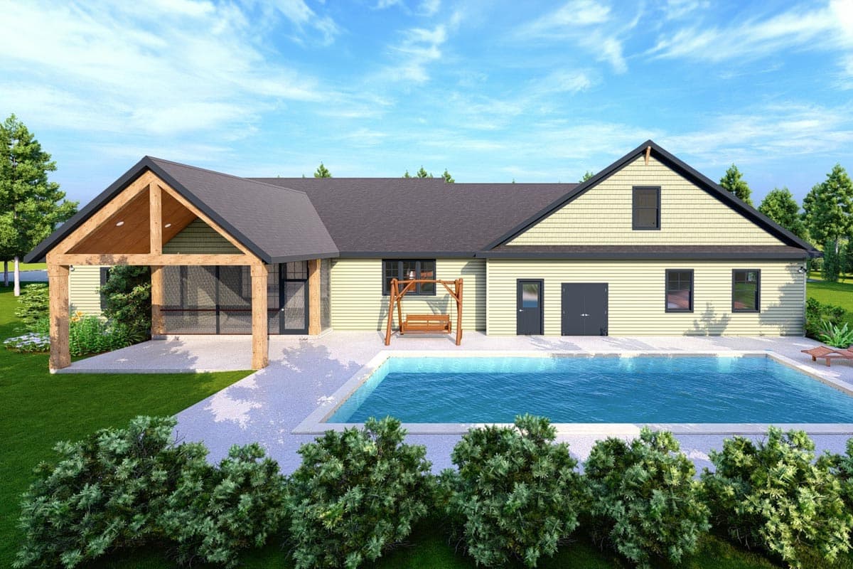 House plan exterior with a covered porch featuring exposed beams, a pitched roof, and siding, beside a pool.