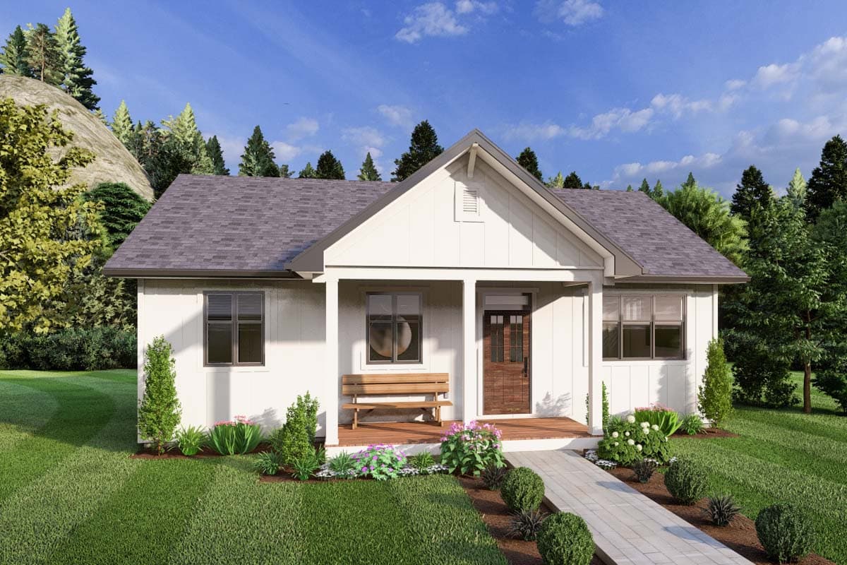 House plan exterior. One-story Cottage style home with gabled roof, covered porch, and horizontal siding. Features include wood door and bench.