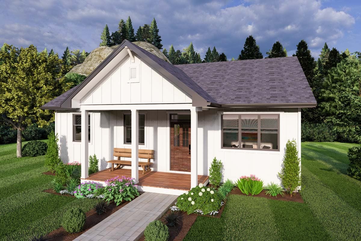 House plan exterior: Modern Farmhouse style, one story, with covered front porch, gabled roof, and board-and-batten siding.