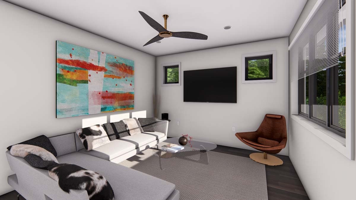Living room rendering with sectional sofa, coffee table, TV, and abstract art. Features a ceiling fan and large windows.
