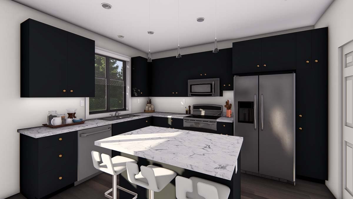Modern kitchen with black cabinetry, marble island, stainless steel appliances, and pendant lighting.