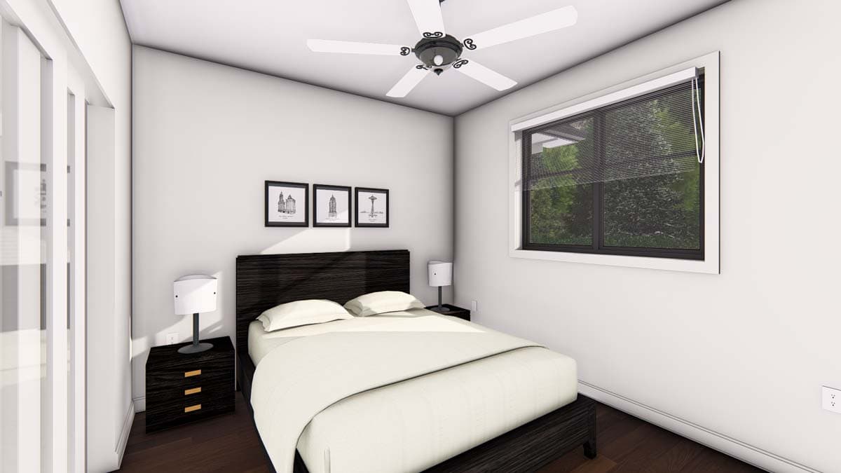 Bedroom with queen bed, dark wood headboard, nightstands, ceiling fan, and large window with blinds.