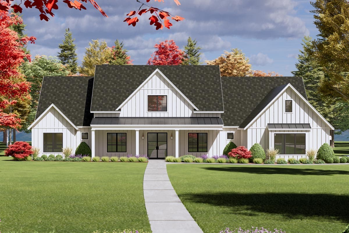 Modern Farmhouse style house plan exterior, one story, with central gable, covered porch, and board and batten siding.