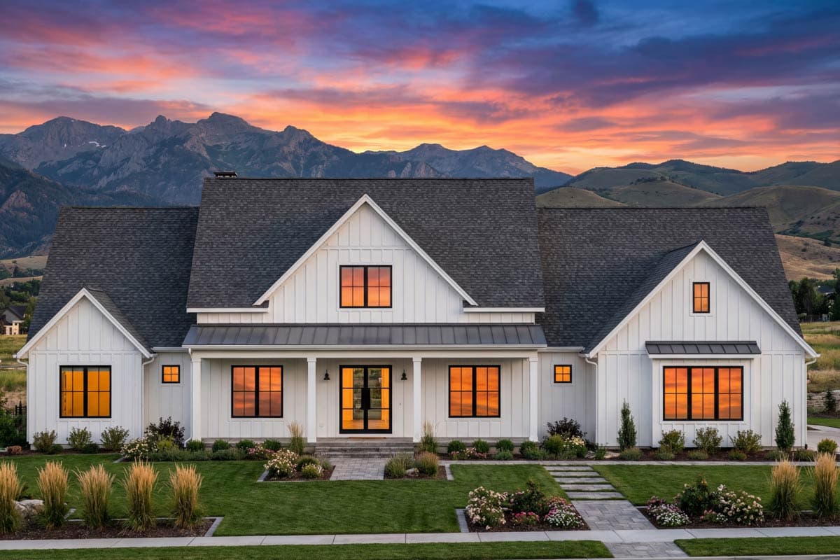 Modern Farmhouse exterior with board and batten siding, prominent gables, a covered porch, and dark-framed windows.